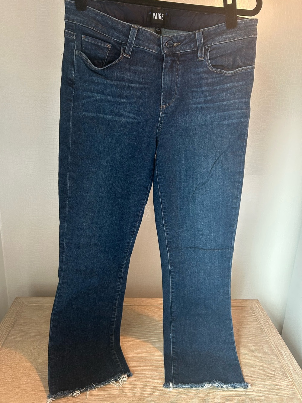PAIGE Women's Dark Indigo Flare Jeans with Frayed Hem
